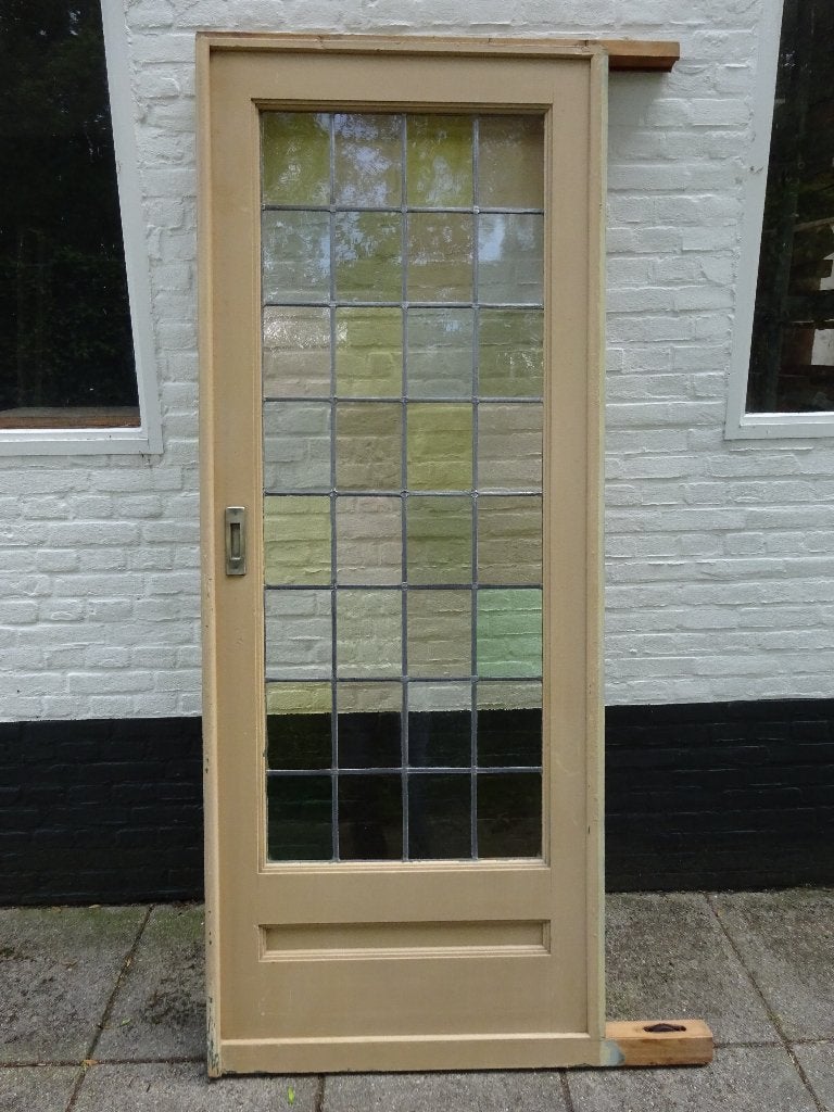 antieke schuifdeur, glas+lood paneel mondgeblazen, 83x211 cm