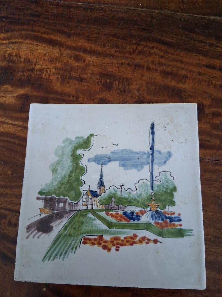 Vintage Delfts Blauw Tegel met Landschap, Antiek en Kunst, Antiek | Wandborden en Tegels, Ophalen of Verzenden