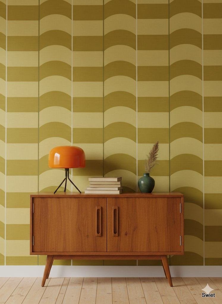 5443 Retro behang limegroen met grafisch 70s patroon swiet, Ophalen of Verzenden, Wit