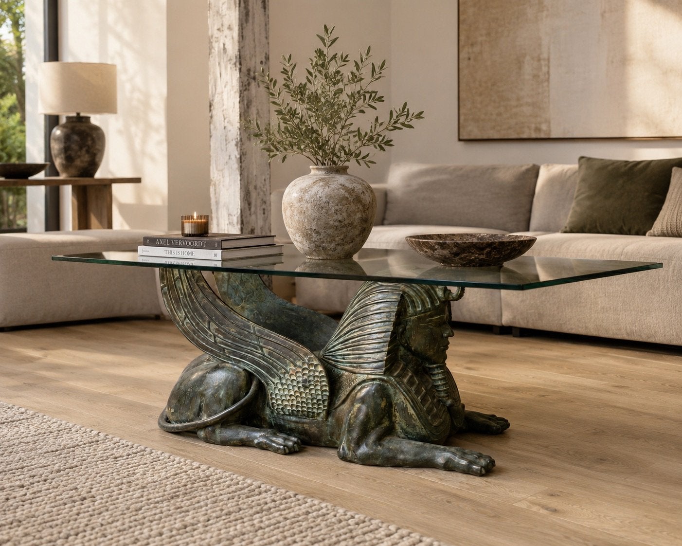 Bronzen egyptische Sfinx tafel, Hollywood Regency, Ophalen, 100 tot 150 cm, 50 tot 100 cm, Zo goed als nieuw
