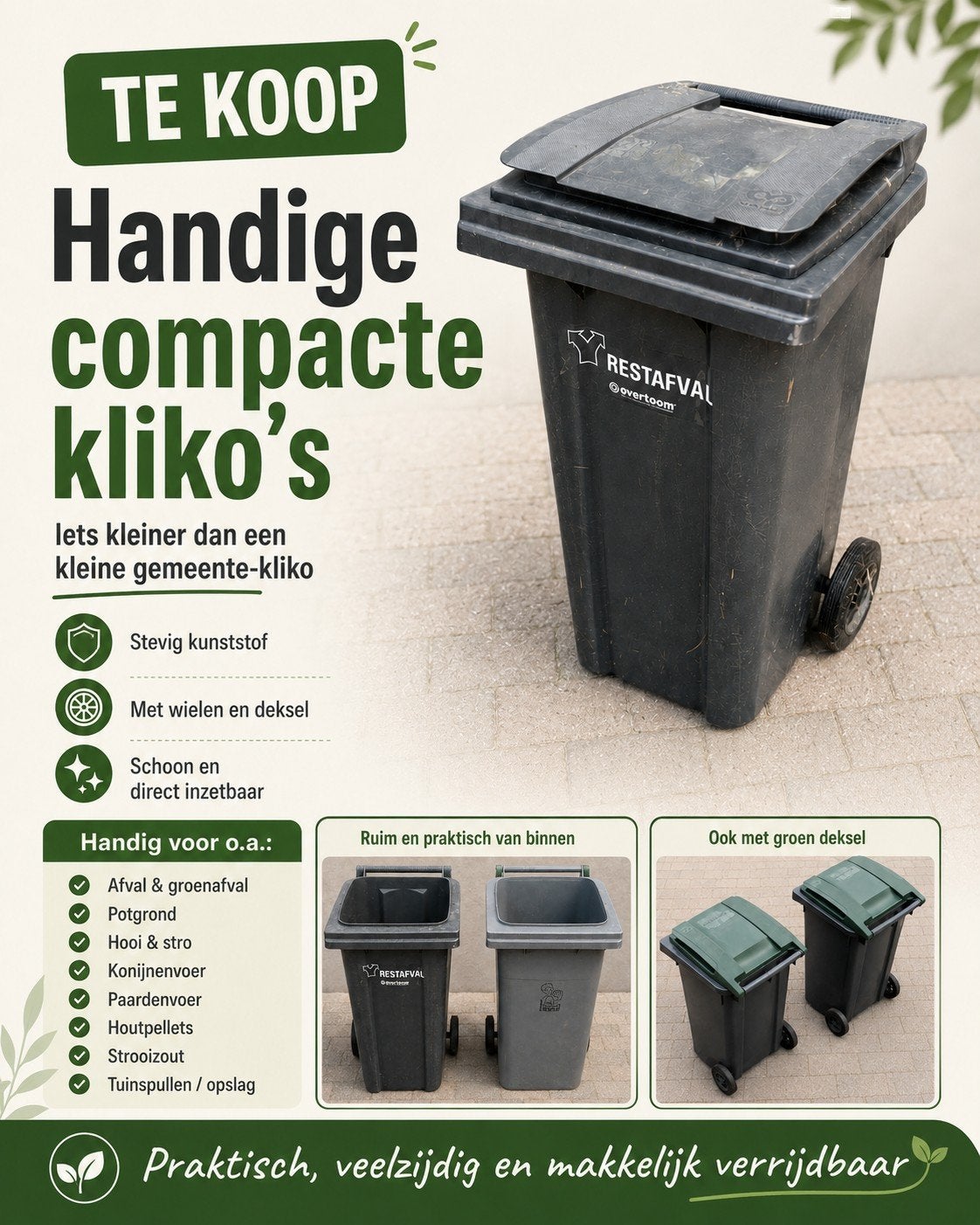 Twee compacte kliko’s met deksel en wielen – veelzijdig inze, Ophalen