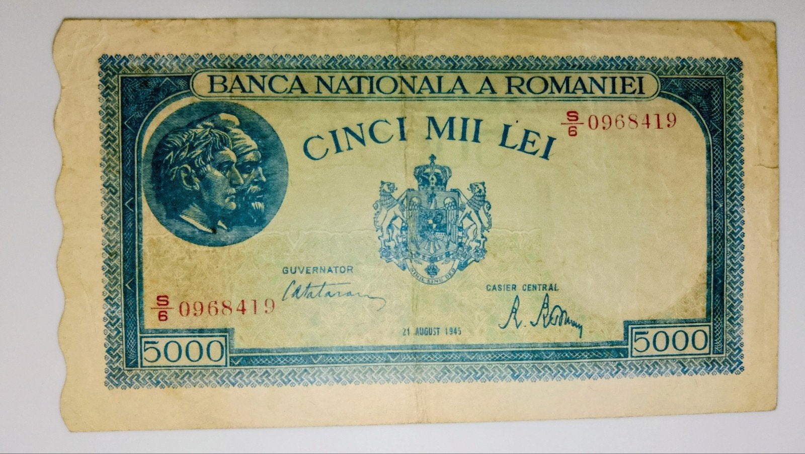 Oude zelzdam bankbilet van Romania 5000 Lei 1945., Ophalen of Verzenden