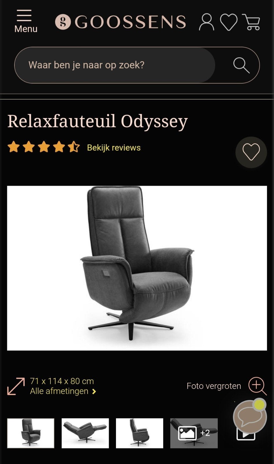 Goossens elektrische ligstoelen antraciet (1 met accu), Huis en Inrichting, Fauteuils, Ophalen, 100 tot 125 cm, Nieuw, 50 tot 75 cm