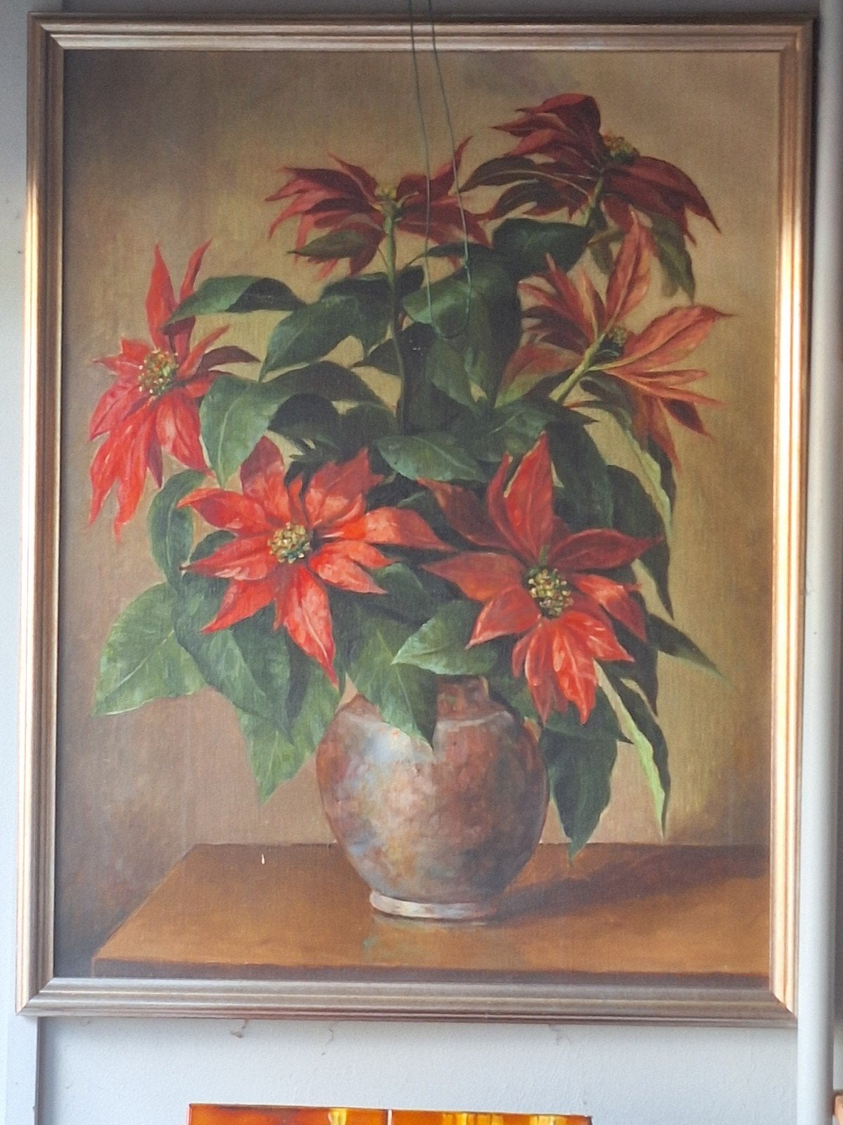Schilderij Bloemstilleven - Kerstster in vaas, Handgeschilderd, Doek, Stilleven, Ophalen of Verzenden