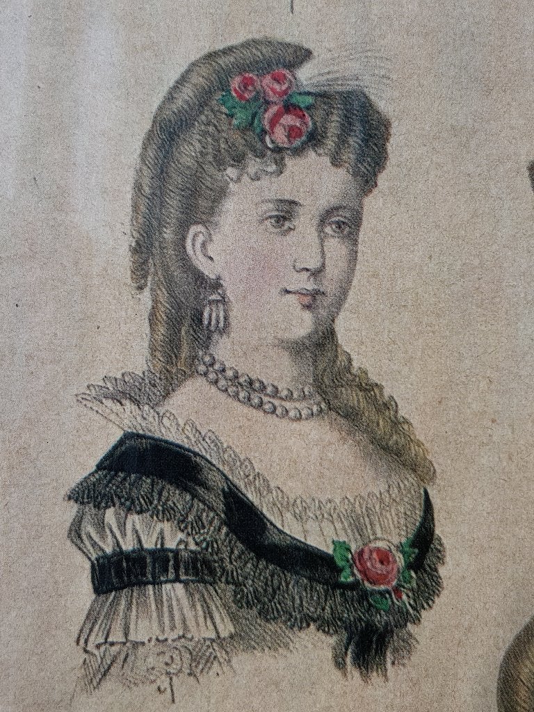Mooie antieke ingelijste kappersmode prent uit Duitsland., Ophalen of Verzenden