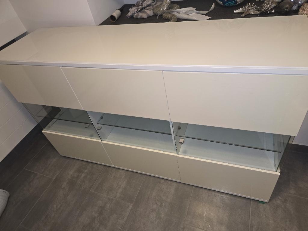 Dressoir Breed 150 cm Hoogglans Wit met Glazen Deuren, Ophalen, 150 tot 200 cm, 25 tot 50 cm, Glas