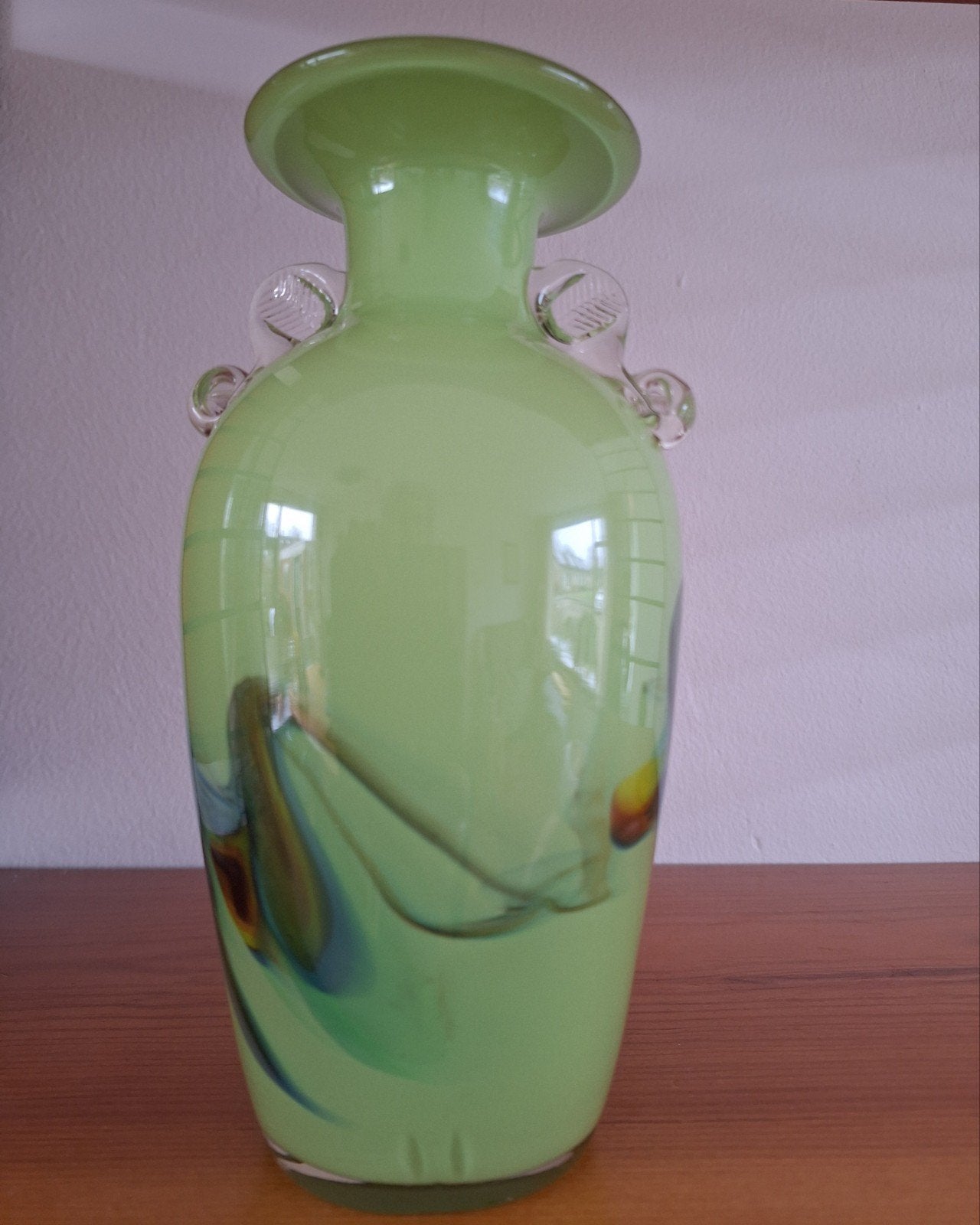 groene glazen vaas met swirls, Ophalen of Verzenden, Zo goed als nieuw, Glas, 20 cm