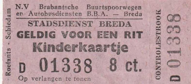 BBA Stadsdienst Breda  Kinderkaartje 8 ct., Verzamelen, Spoorwegen en Tramwegen, Verzenden, Gebruikt, Bus of Metro, Overige typen