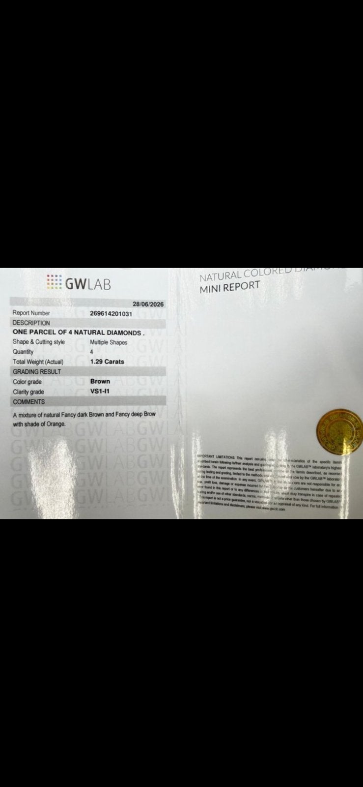 4 Natuurlijke Bruine Diamanten – 1,29 ct – GWLab Certificaat, Ophalen of Verzenden, Zo goed als nieuw, Overige materialen, Overige merken