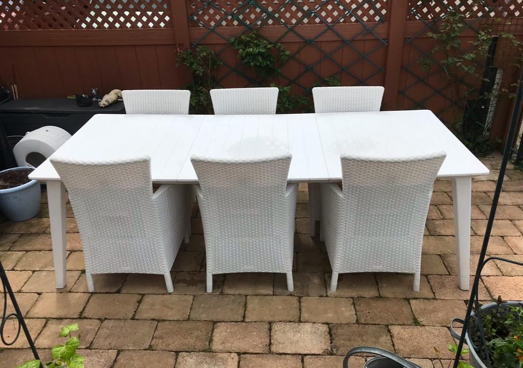 Keter Iowa witte tuinset met 6 stoelen en grote tafel., Ophalen, Kunststof, Gebruikt, 6 zitplaatsen