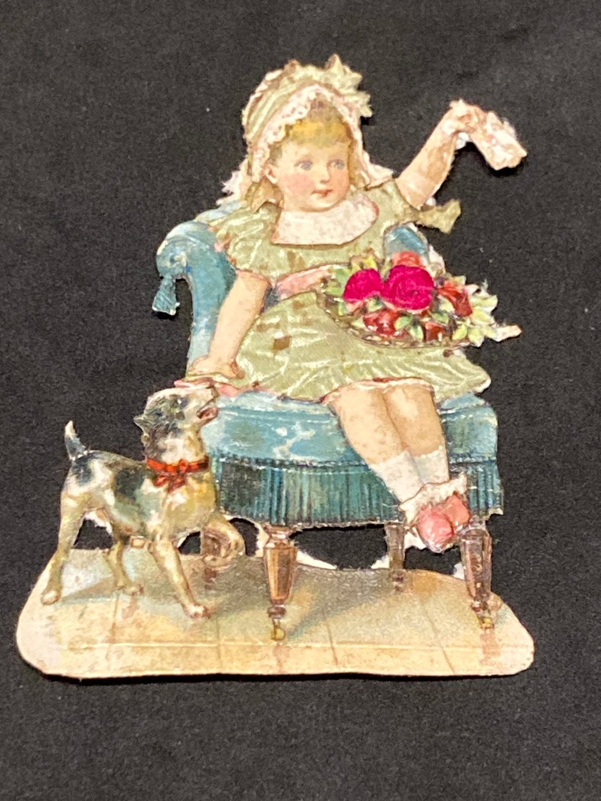 Antiek poezieplaatje met zijde, meisje met hond  (190826), Ophalen of Verzenden