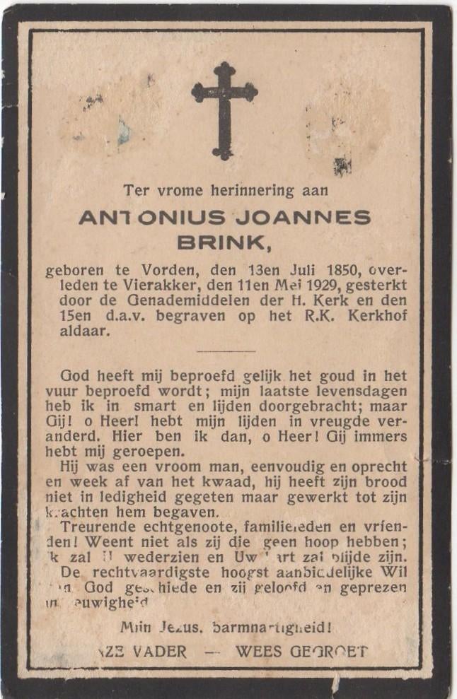 Antonius Joannes Brink 1850 Vorden + 1929 Vierakker, 78 jr, Verzenden
