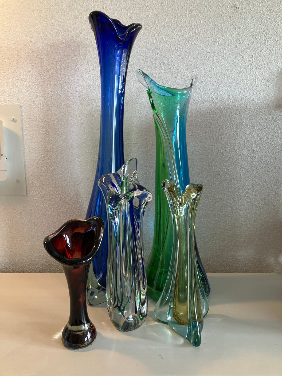 Set van 5 Murano-stijl glazen vazen in diverse kleuren, Antiek en Kunst, Ophalen
