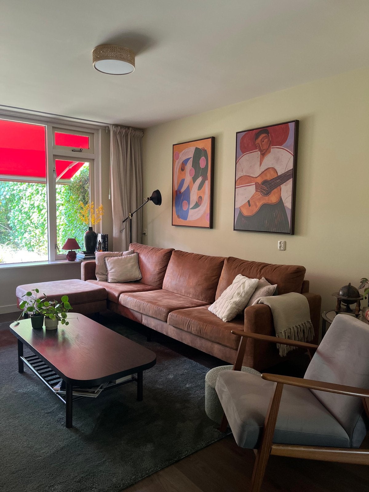Cognac vierzitsbank met hocker, Ophalen, Overige materialen, 250 tot 300 cm, Hoekbank