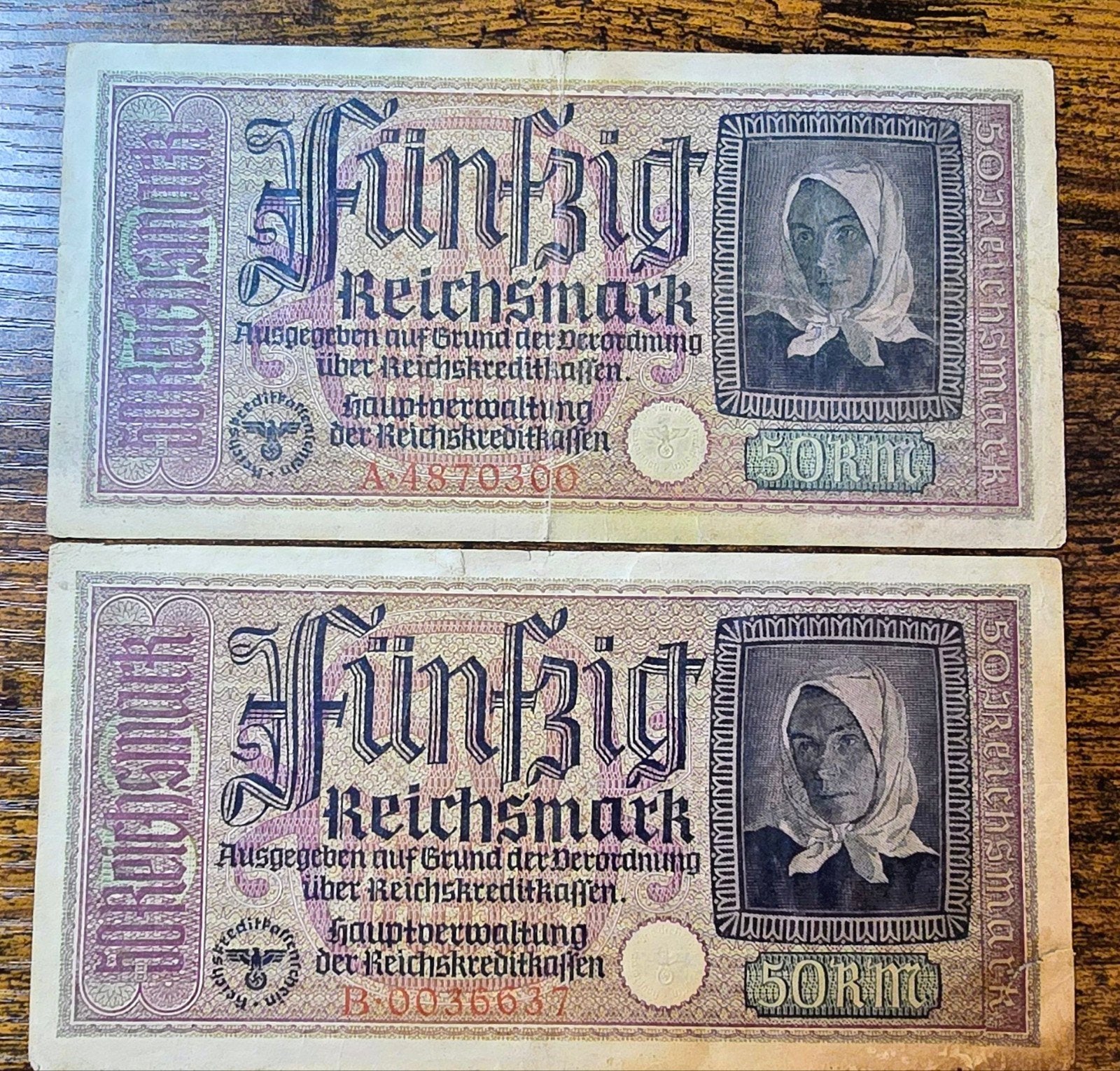 2x 50 Reichsmark biljetten uit Duitsland, Ophalen of Verzenden, Duitsland, Setje
