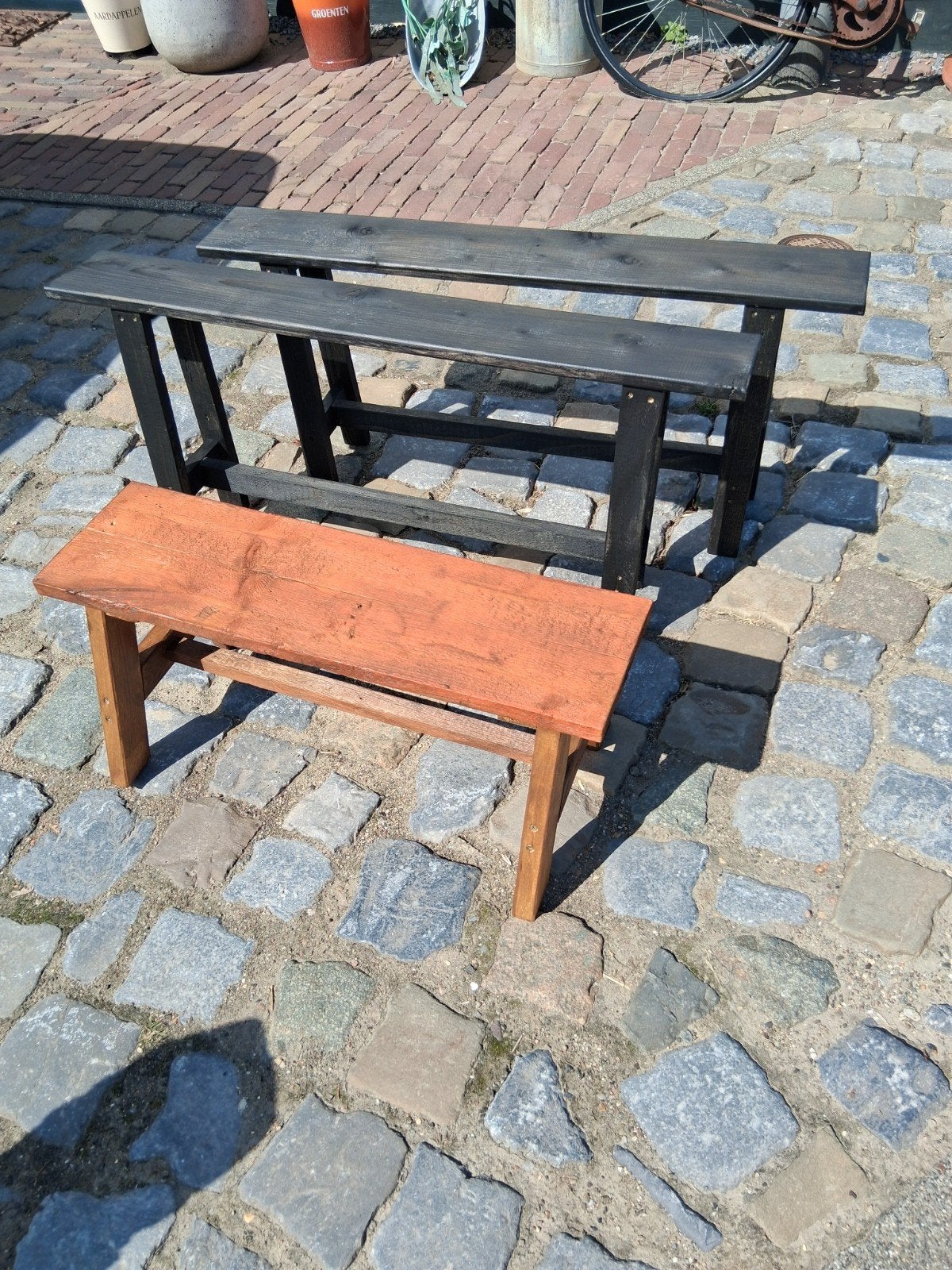 houten bankjes Zwart en bruin, Huis en Inrichting, Ophalen, Rustiek, Buiten, Tuin, Gebruikt, Drie
