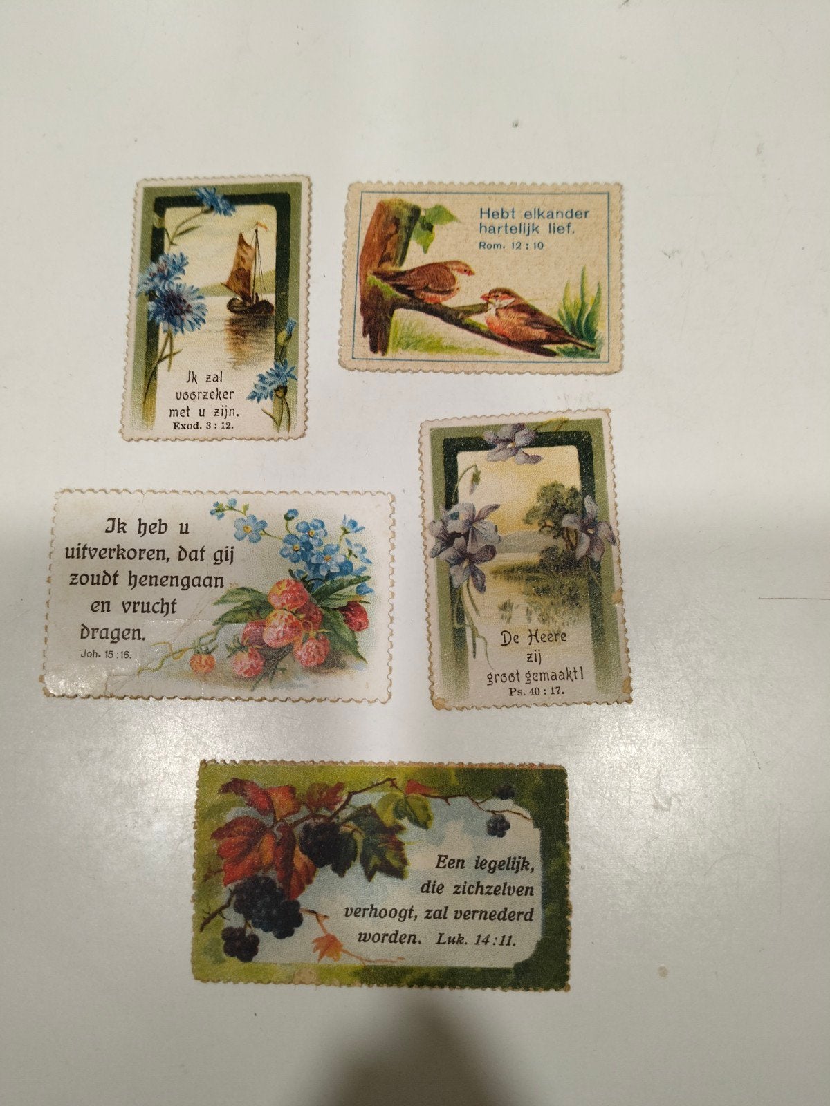 Set van 5 Antieke Religieuze Prentjes met Bijbelteksten, Verzenden, Gebruikt, Kaart of Prent, Christendom | Katholiek