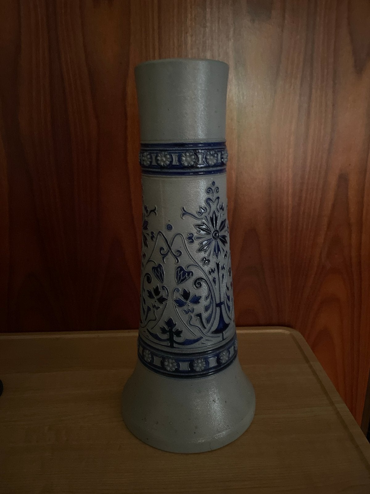 Vintage Zoutglazuur Vaas met Blauw Decor - 36 cm, Ophalen of Verzenden