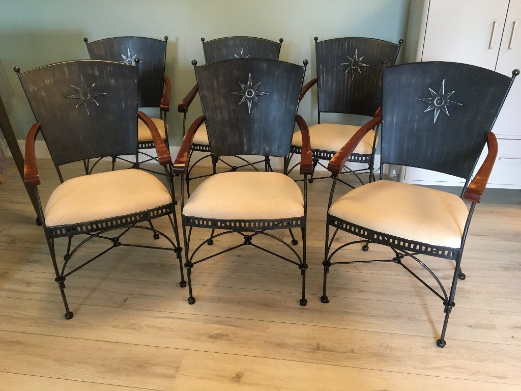 6 bijzondere eetkamerstoelen met ijzeren frame | opknappers, Ophalen, Gebruikt, Zwart, Stoer landelijk