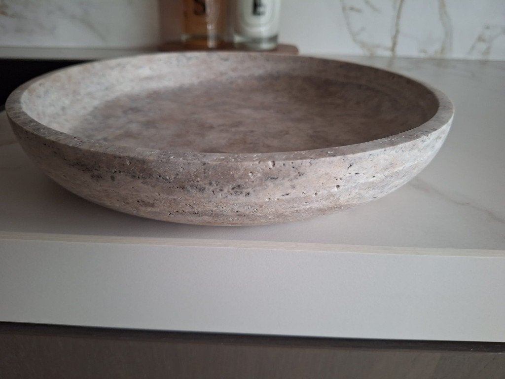 NIEUW Schaal travertin silver, diameter 29 cm, Huis en Inrichting, Ophalen, Overige materialen, Schaal, Rond