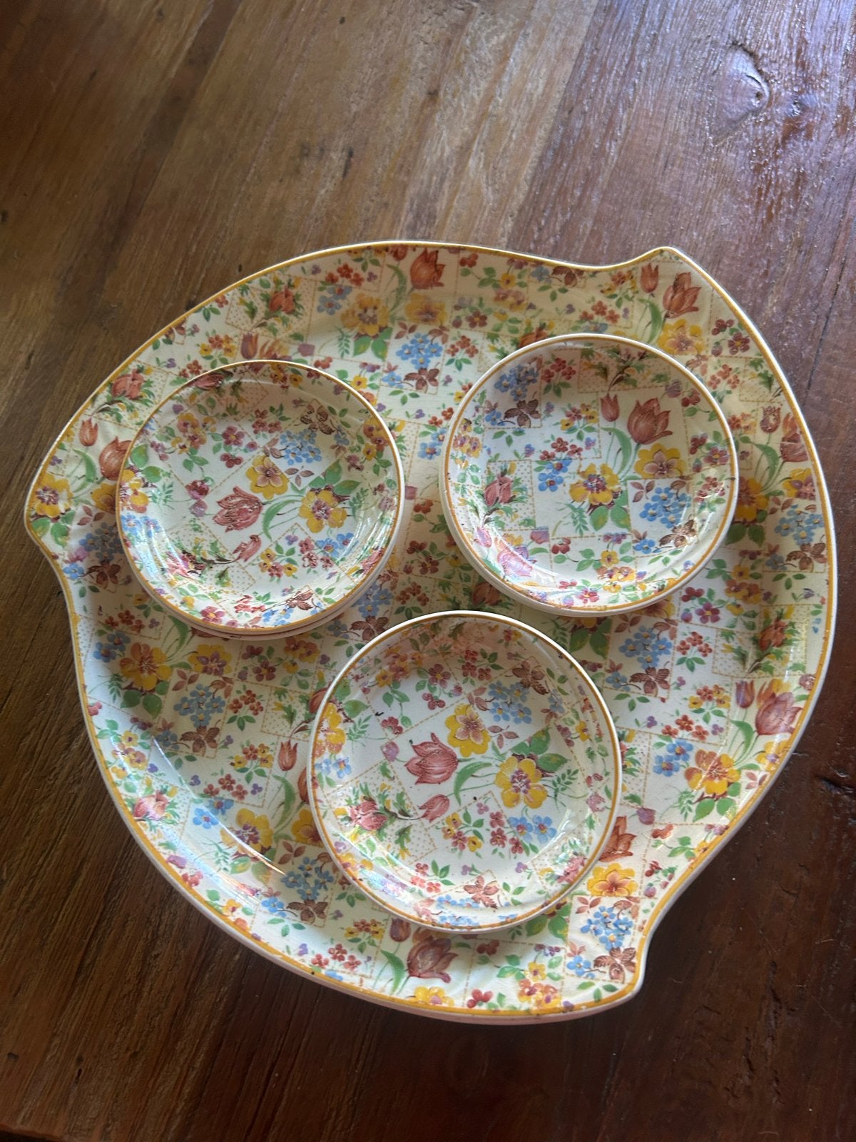 Oud seyhe met 6 schaaltjes, bloemmotief, Made in Holland, Ophalen of Verzenden