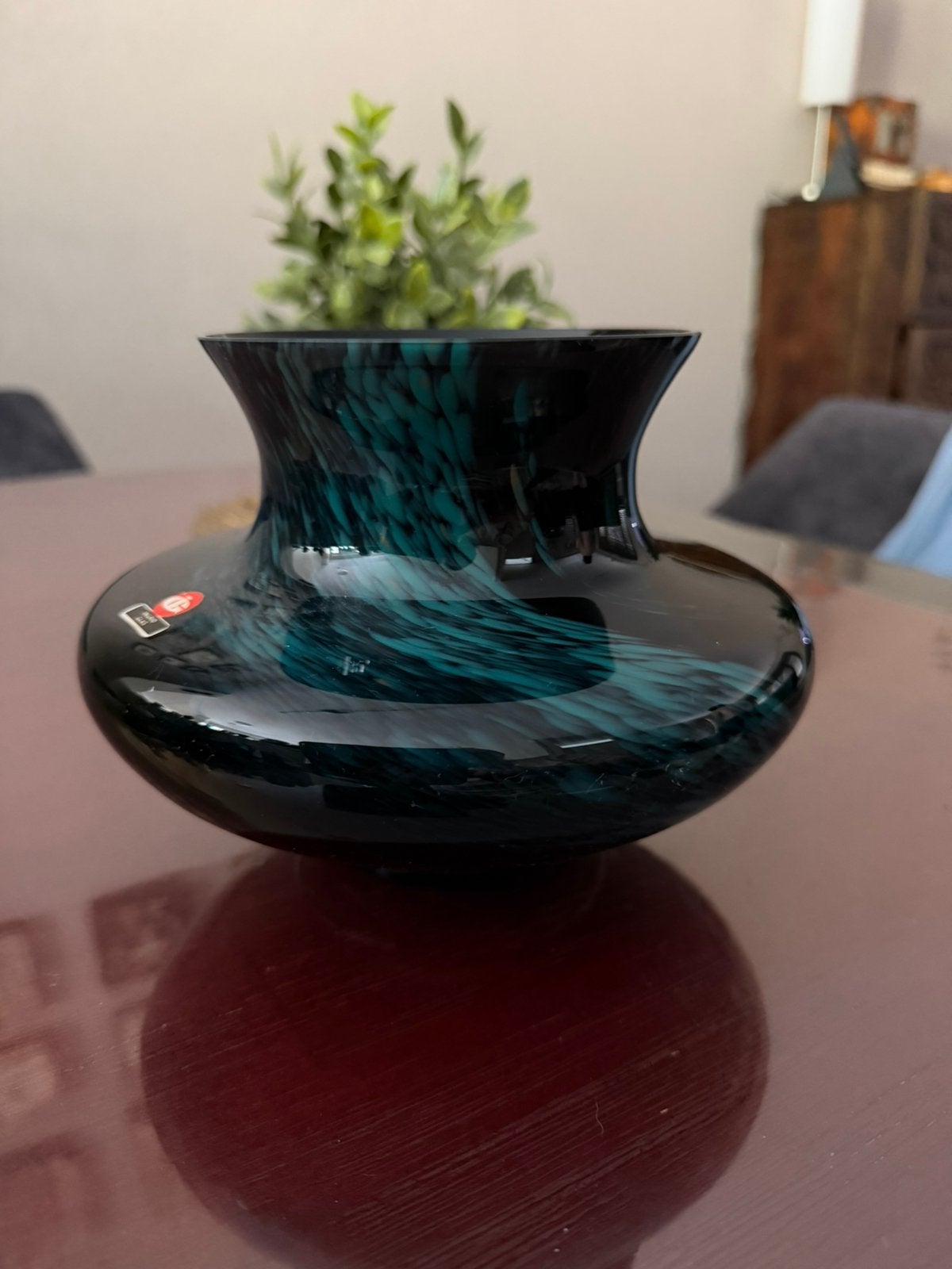 Vintage ingrid glas diep amethist glazen vaas met turquoise, Ophalen of Verzenden