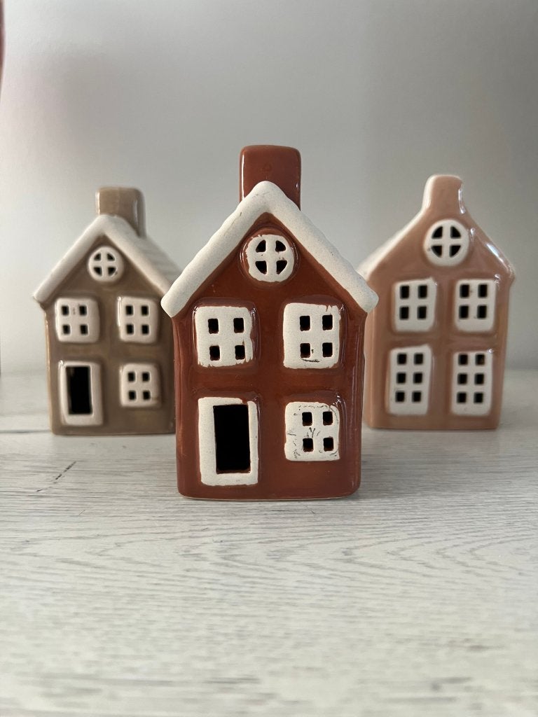 Set van 3 keramieken decoratie huisjes, Ophalen of Verzenden, Zo goed als nieuw, Bruin