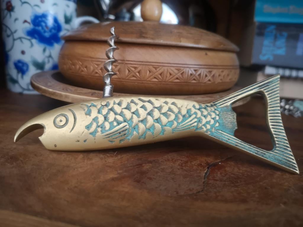 Vintage Koperen Vis Flesopener en Kurkentrekker, Ophalen of Verzenden