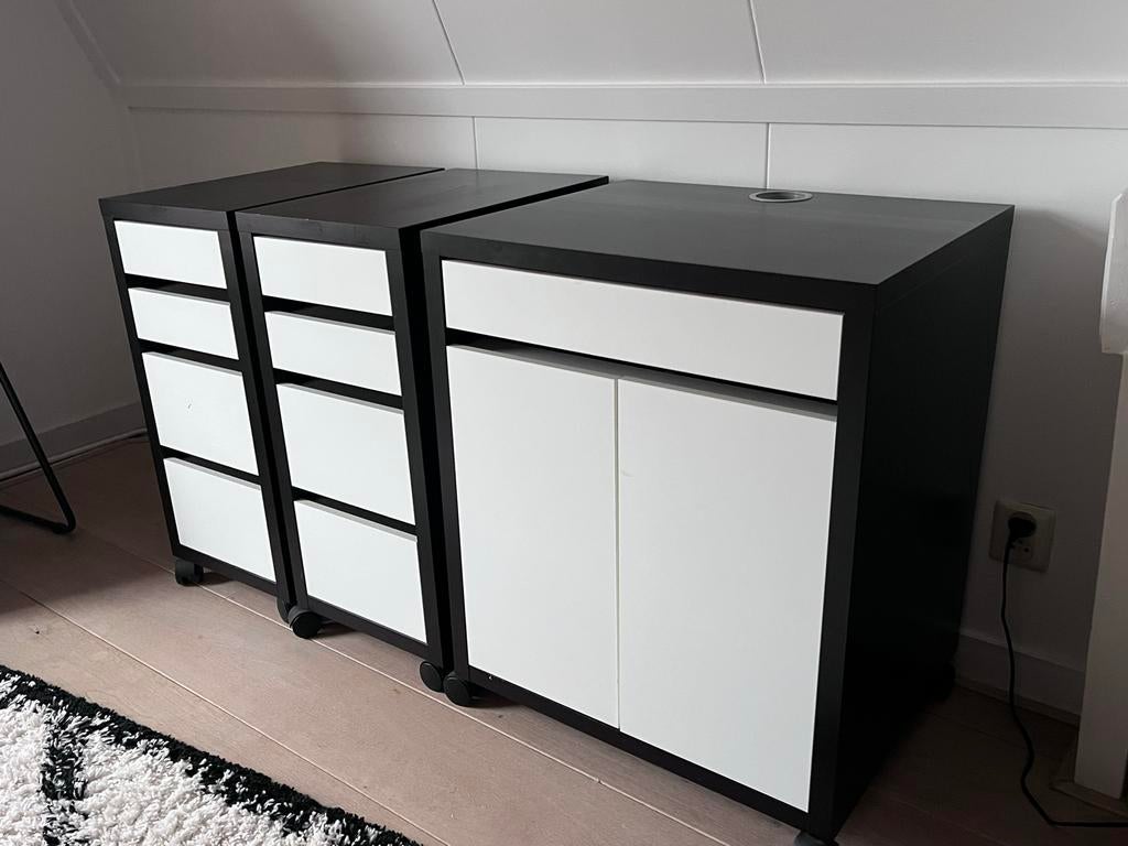 Set van 3 ladekasten op wieltjes - zwart/wit, Ophalen, Kunststof, 100 tot 150 cm, 5 laden of meer