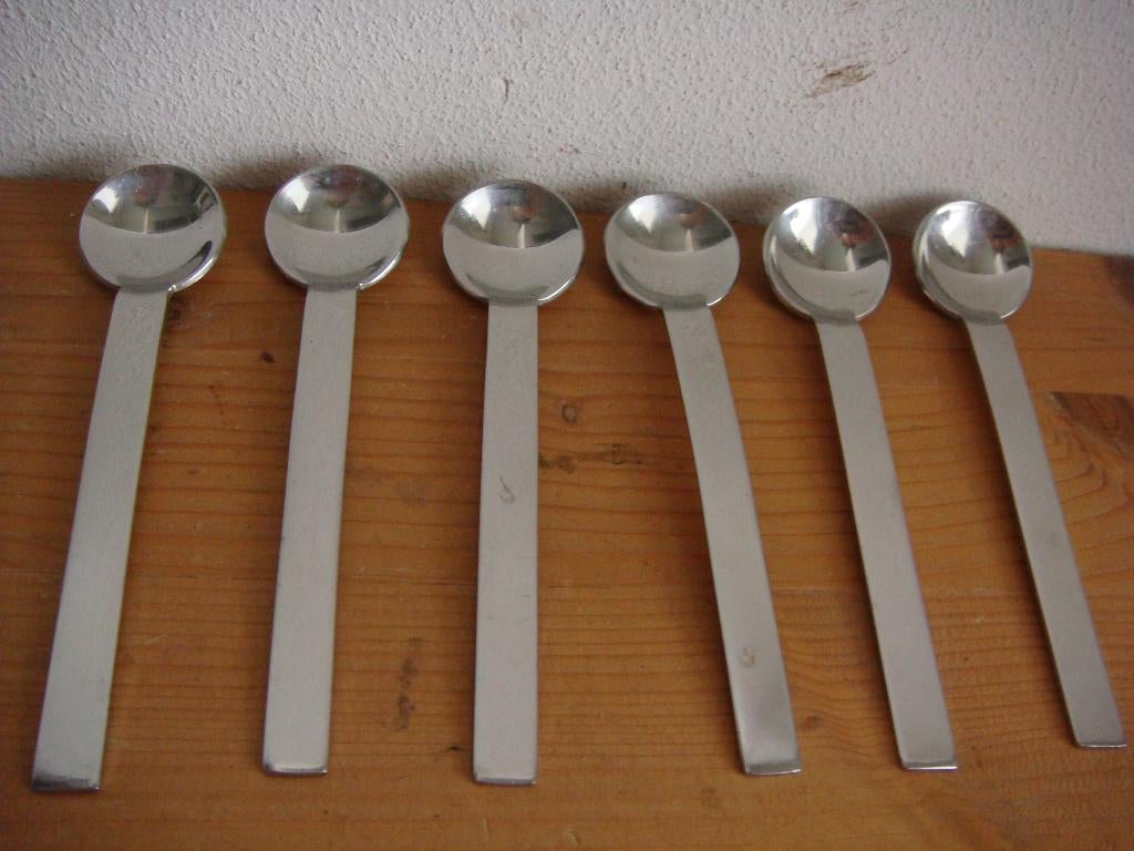 Zes moderne thee / koffielepeltjes, Ophalen of Verzenden, Zo goed als nieuw, Rvs of Chroom, Bestekset