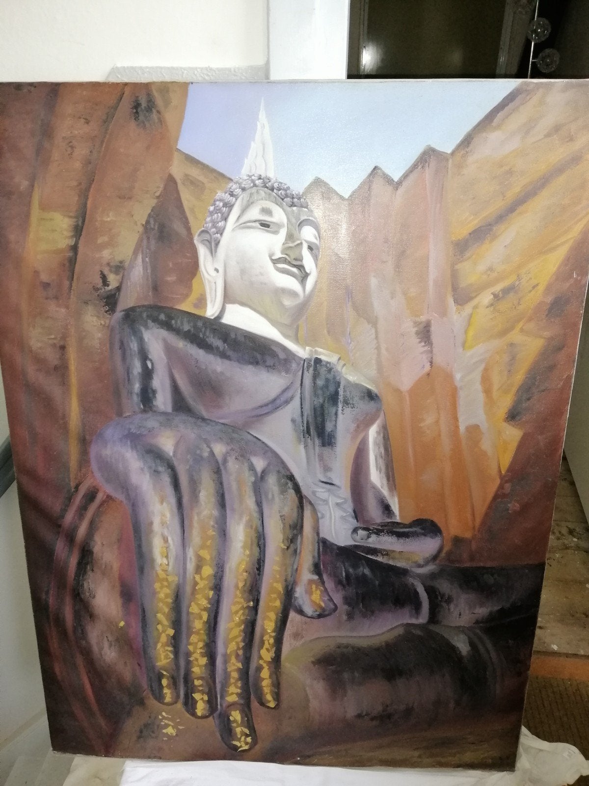 Buddha schilderij 90x120 bedekt met bladgoud, Ophalen