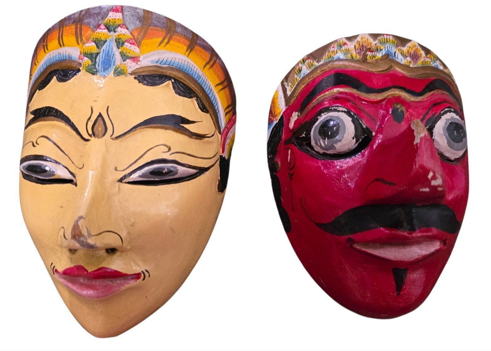 Set van 2 Vintage Javaanse Wayang Topeng Maskers – Miniatuur, Ophalen of Verzenden, Versiering