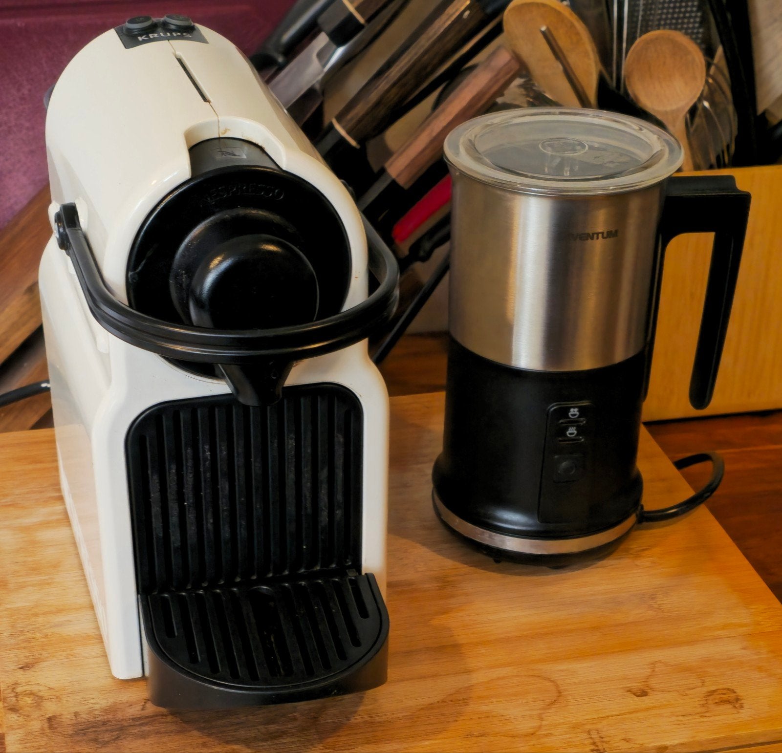 Krups Nespresso apparaat met Inventum melkopschuimer, Witgoed en Apparatuur, Ophalen, Gebruikt, Espresso apparaat, Koffiepads en cups