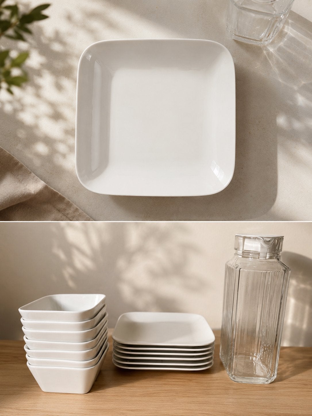 White square dinnerware set – barely used, Ophalen, Bord(en), Modern, Glas