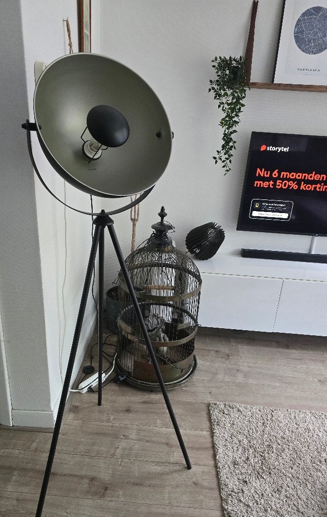 Industriële Vloerlamp met Statief - Zwart/Groen, Ophalen, E27 (groot), Zo goed als nieuw, Metaal