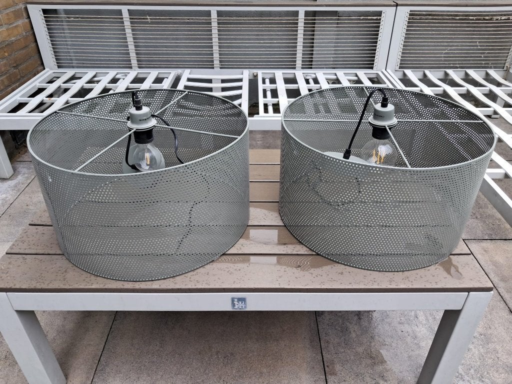2 groengrijze lampenkappen, Huis en Inrichting, Ophalen, Gebruikt, 25 tot 50 cm, Groen