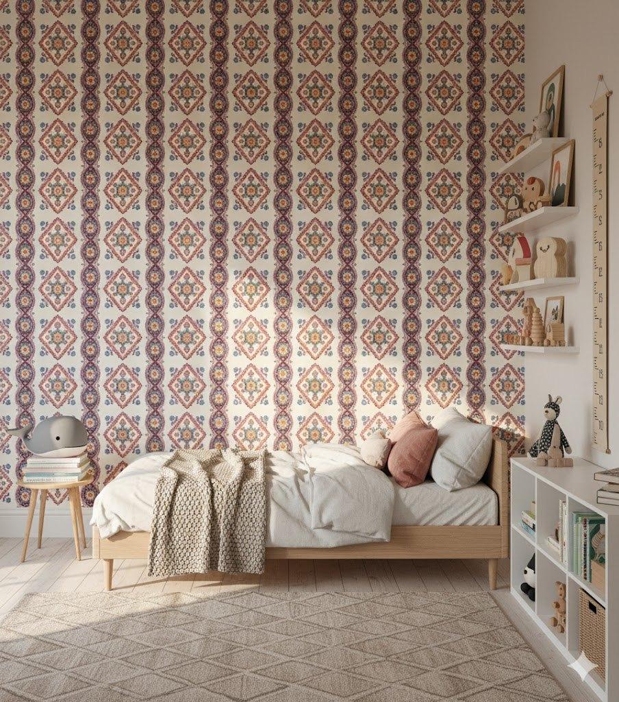 7071 vrolijk vintage folklore bloemenbehang zachte tinten, Verzenden, Minder dan 10 m², Oranje