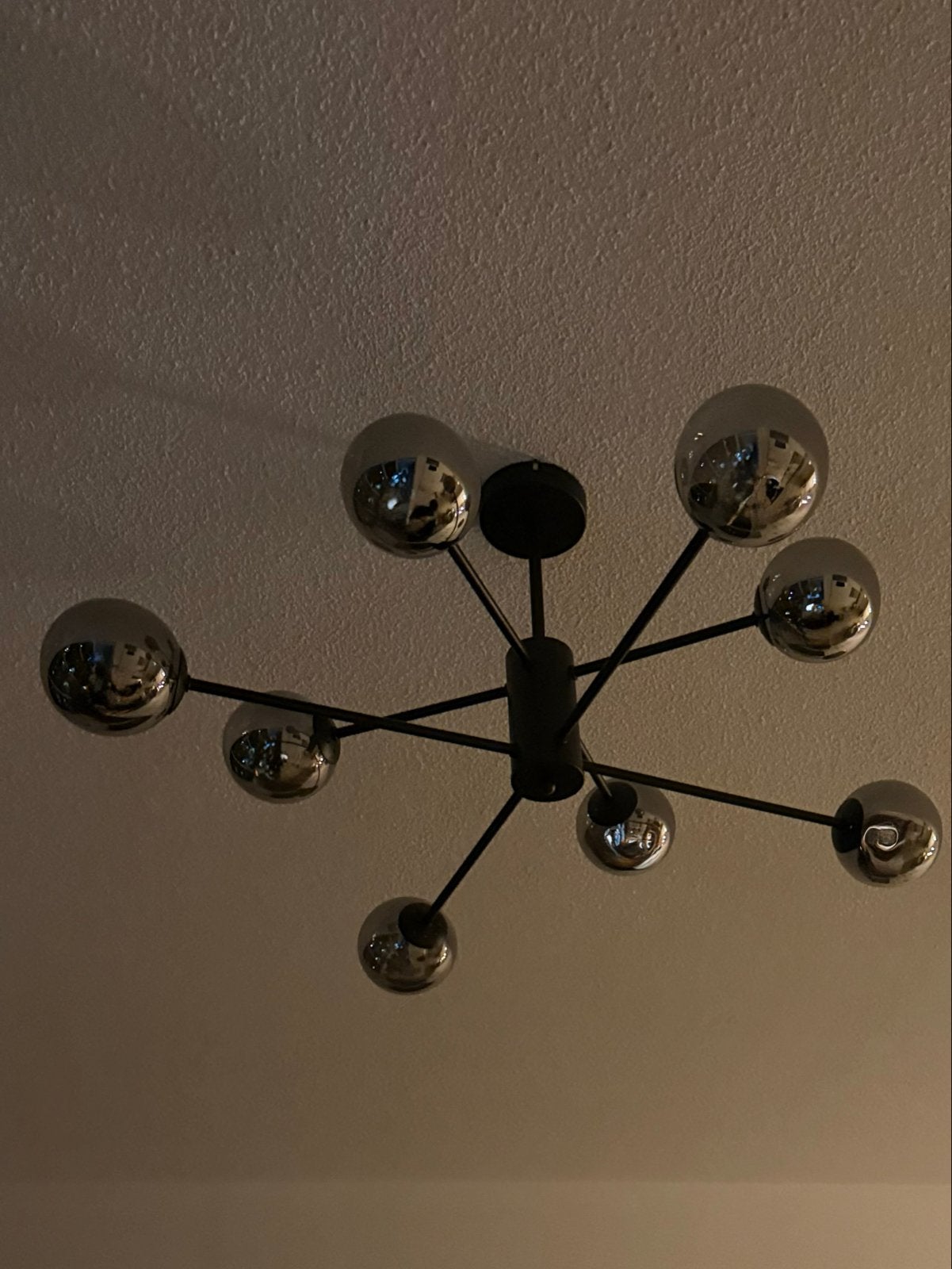 Moderne Sputnik Plafondlamp met 8 Rookglazen Bollen, Ophalen of Verzenden, Gebruikt, Metaal, E14 (klein)