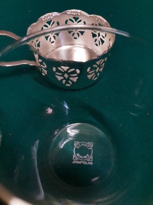 Theeglazen met verzilverde houder met oor, Schott Mainz Jena, Ophalen of Verzenden, 'T Olde Gre-j, Info@toldegrej.nl, Endepoelstraat 20f Didam