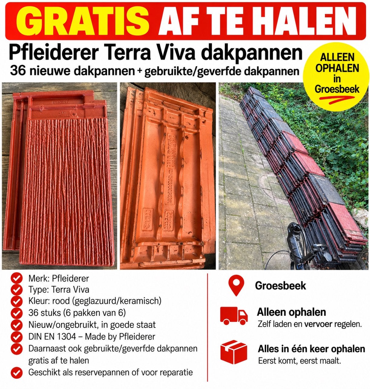 Pfleiderer Terra Viva dakpannen – 36 stuks + oude dakpannen, Deurkozijn, Zo goed als nieuw, Hout, Ophalen
