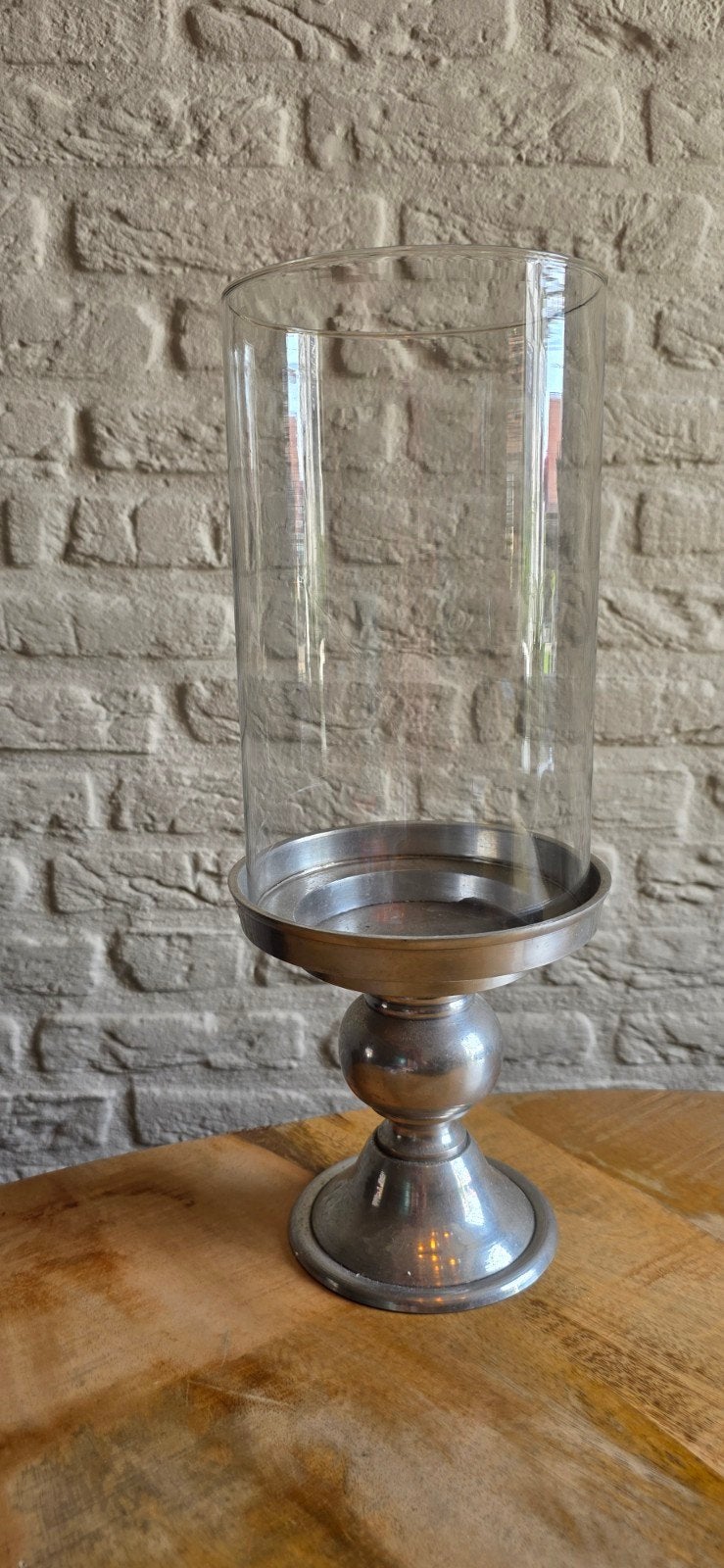Glazen windlicht met metalen voet, Ophalen, Gebruikt, 25 tot 50 cm, Metaal