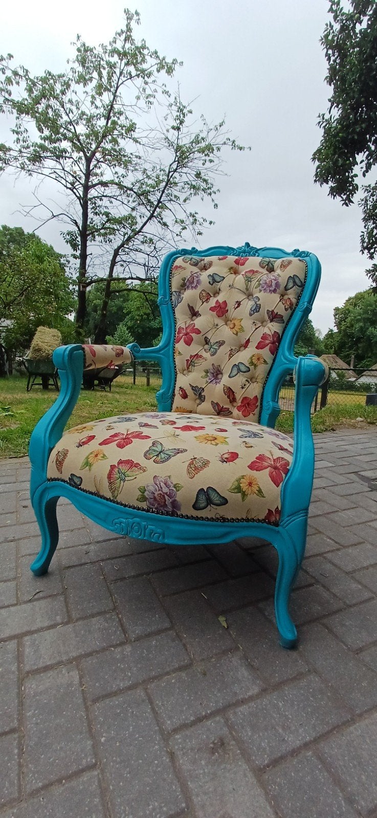Unieke fauteuil met vlinderprint en turquoise frame, Ophalen, Gebruikt, Overige kleuren, Stof