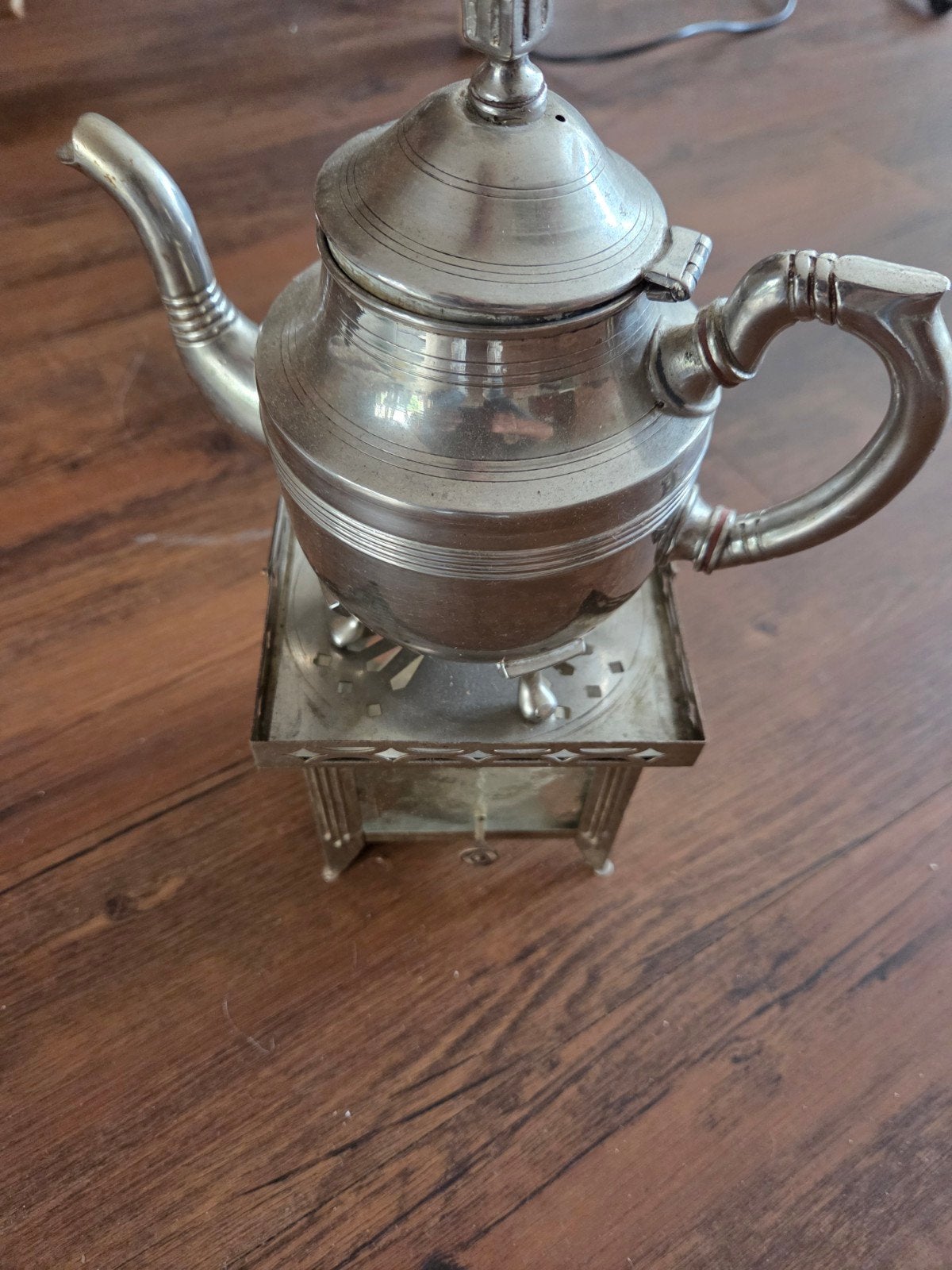 Antieke verzilverde theepot met rechaud, Ophalen of Verzenden