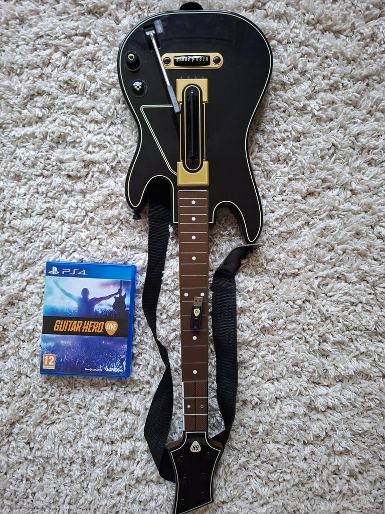 Guitar Hero Live PS4 met gitaar en dongle!, Ophalen of Verzenden, Zo goed als nieuw, Zwart, Met games