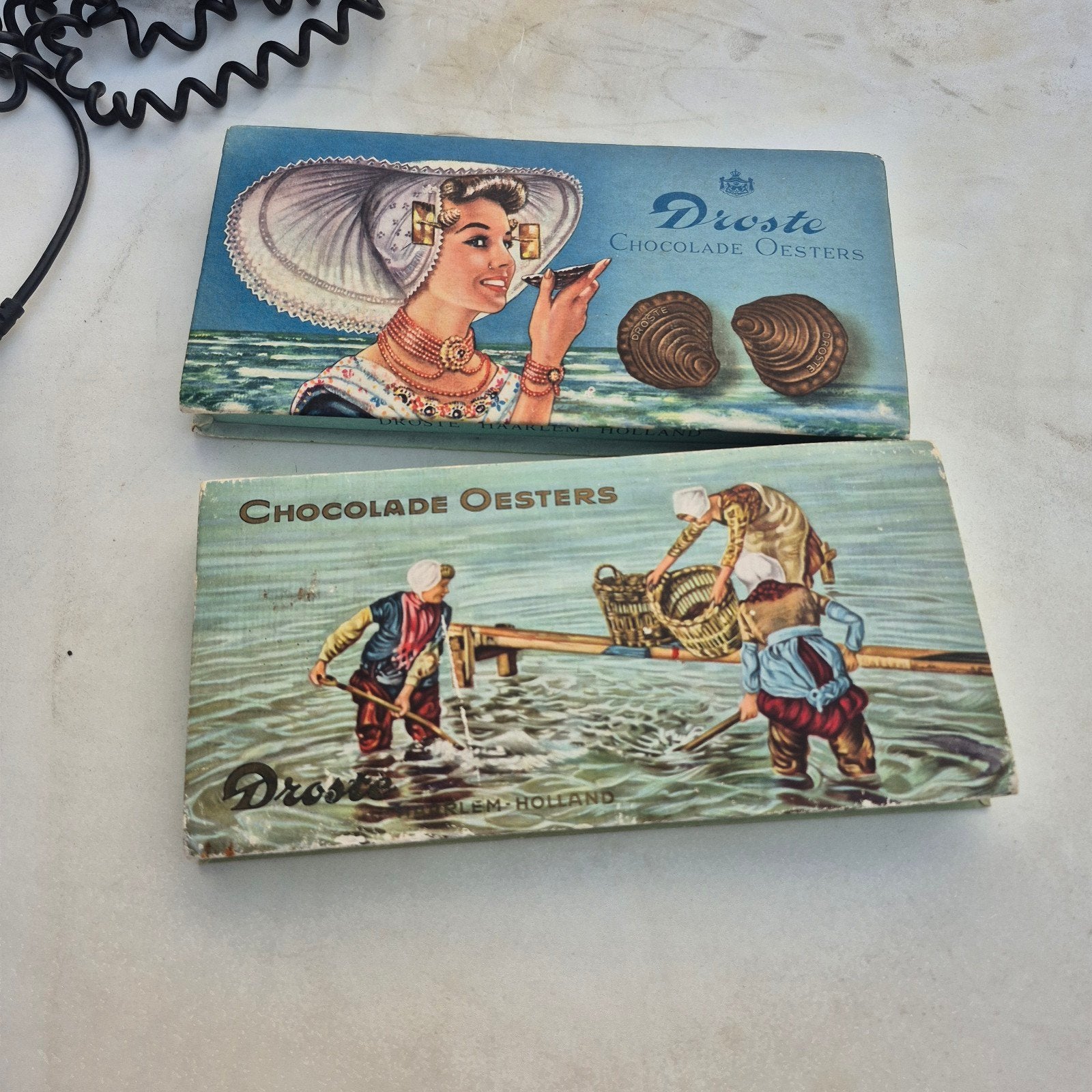 Vintage Droste Chocolade Oesters Kartonnen Doosjes (2 stuks), Ophalen of Verzenden