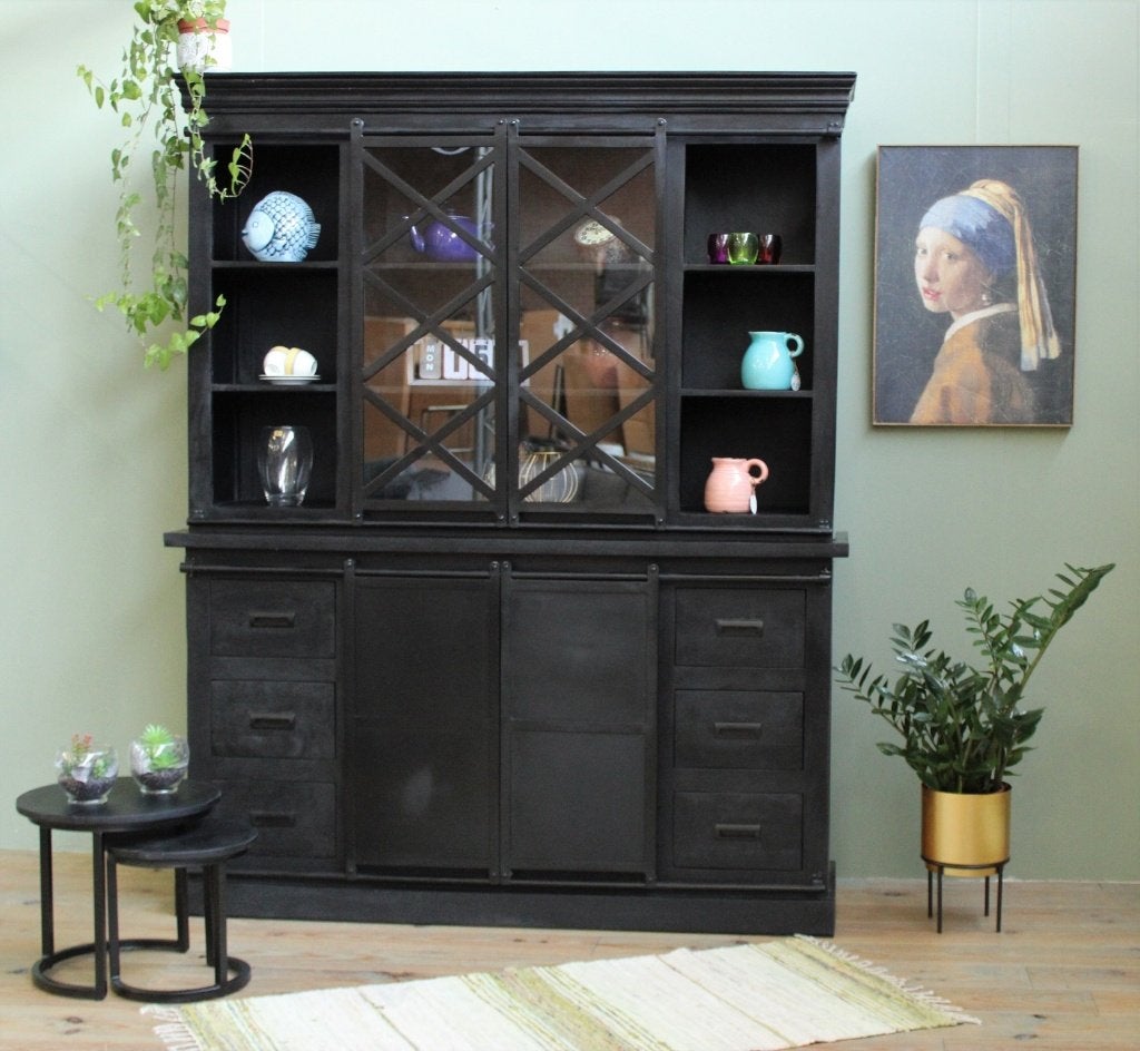 Buffetkast Emma zwart mangohout, meerdere maten leverbaar!, Huis en Inrichting, Glas, Met deur(en), 150 tot 200 cm, Nieuw