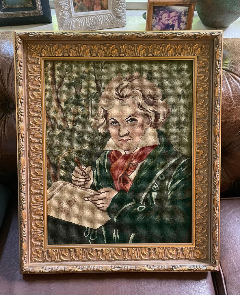 Vintage gobelin wandtapijt Beethoven in goudkleurige lijst, Ophalen