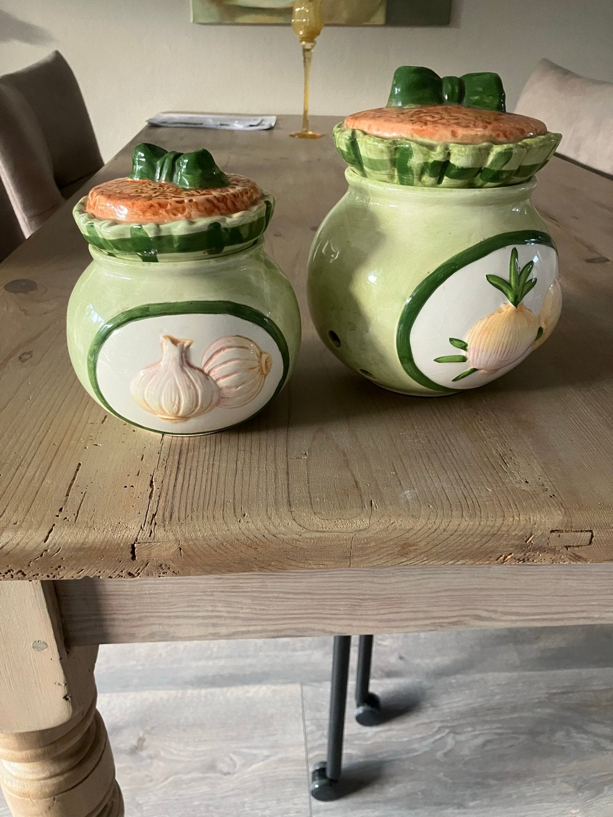 Set van 2  ui en knoflook pot, Ophalen, Voorraadpot, Steen/keramiek, Groen