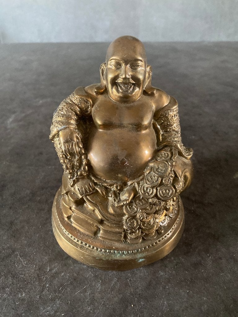 Bronzen Happy Boeddha beeld met munten 13 cm cadeau, Ophalen of Verzenden, Zo goed als nieuw, Nvt, Nvt