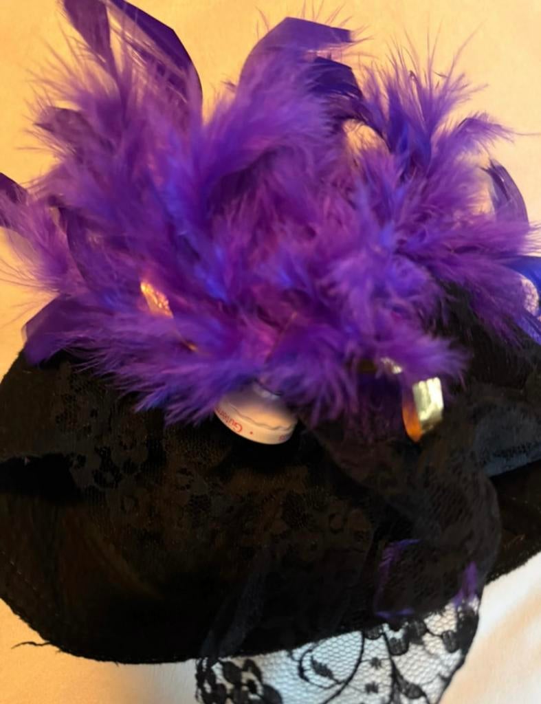 Elegante zwarte hoedje met paarse veren, Kleding | Dames, Hoeden en Petten, Zo goed als nieuw, Hoed, One size fits all, Ophalen of Verzenden